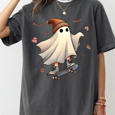 Skater Ghost Pumpkin Skeleton Witch Vintage Aesthetic Halloween Meme Western Comfort Colors Tee