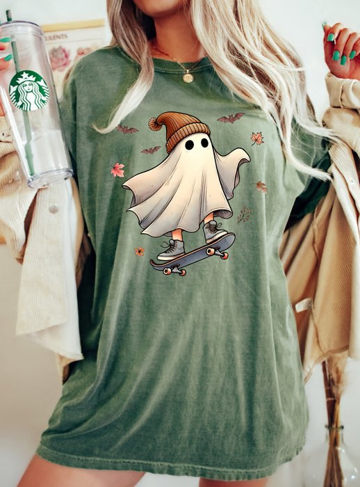 Skater Ghost Pumpkin Skeleton Witch Vintage Aesthetic Halloween Meme Western Comfort Colors Tee