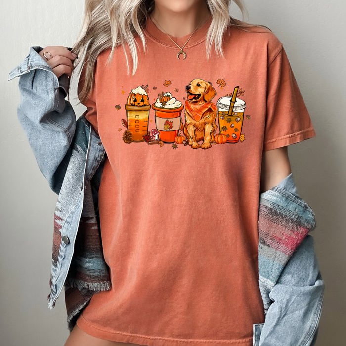 Coffee Lover Dog Golden Retriever Halloween Skeleton Western Witch Meme Costume Comfort Colors Tee