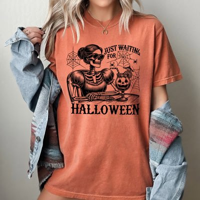 Just Waiting For Halloween Skeleton Lady Vintage Western Witch Meme Comfort Colors Tee