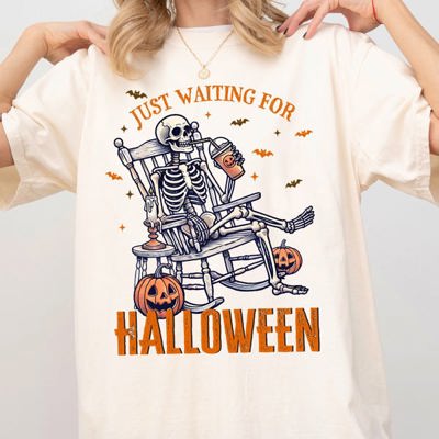 Just Waiting For Halloween Skeleton Vintage Western Witch Meme Costume Comfort Colors Tee