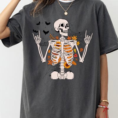 Funny Skeleton Flowers Rock Western Witch Halloween Meme Graphic Comfort Colors Tee