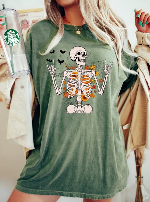 Funny Skeleton Flowers Rock Western Witch Halloween Meme Graphic Comfort Colors Tee