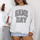 Large Ash Light Gray Game Day Checkered Football Tailgate Party Touchdown Sports Big Game Graphic Sweatshirt