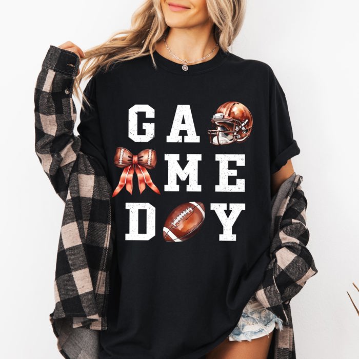 Game Day Coquette Ribbon Girly Football Sports Big Game Touchdown Tailgate Party Comfort Colors Tee