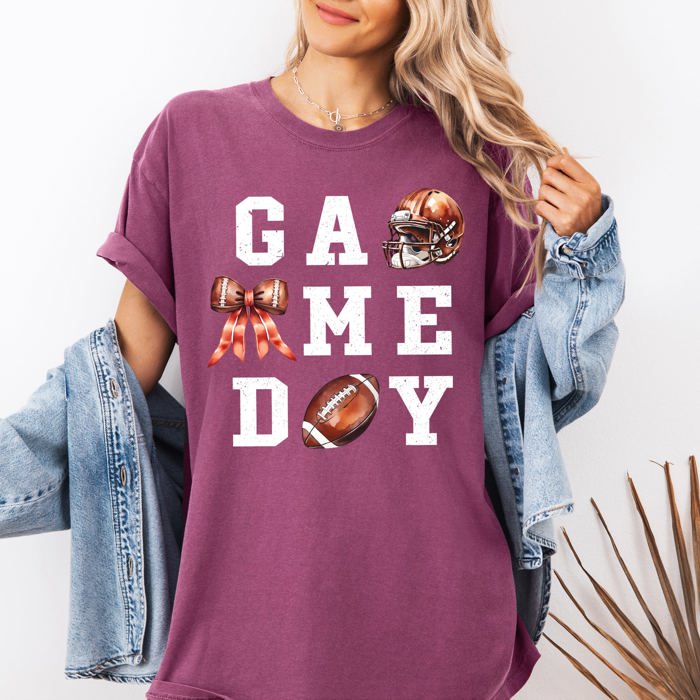 Game Day Coquette Ribbon Girly Football Sports Big Game Touchdown Tailgate Party Comfort Colors Tee