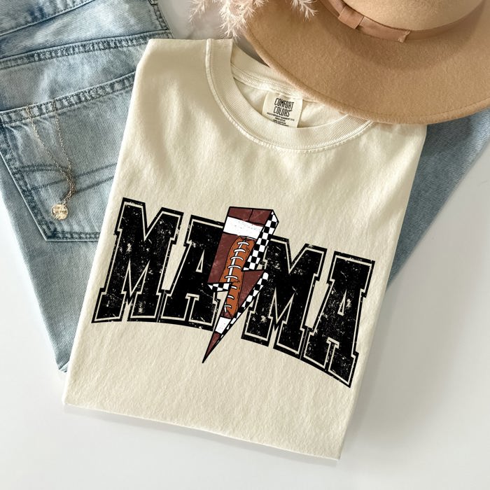 Mama Lightning Bolt Checkered Football Sports Game Day Tailgate Party Comfort Colors Tee