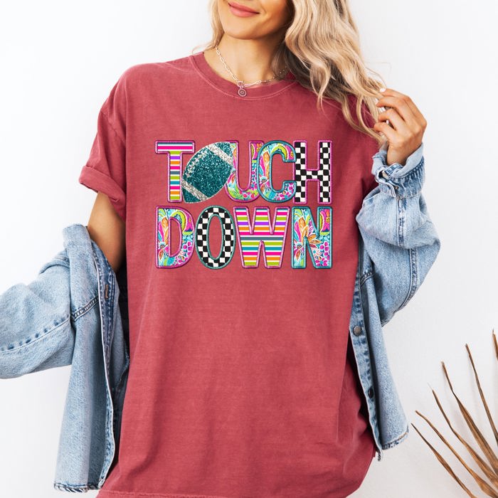 Touchdown Faux Printed Embroidery Look Colorful Girly Football Game Day Tailgate Party Comfort Colors Tee