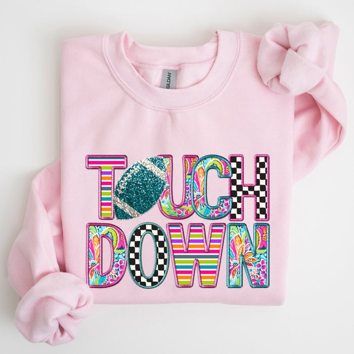 Touchdown Faux Printed Embroidery Look Colorful Girly Football Sports Game Day Big Game Tailgate Party Sweatshirt