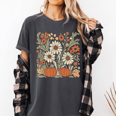 Autumn Botanical Floral Pressed Flowers Pumpkins Thanksgiving Harvest Comfort Colors Tee