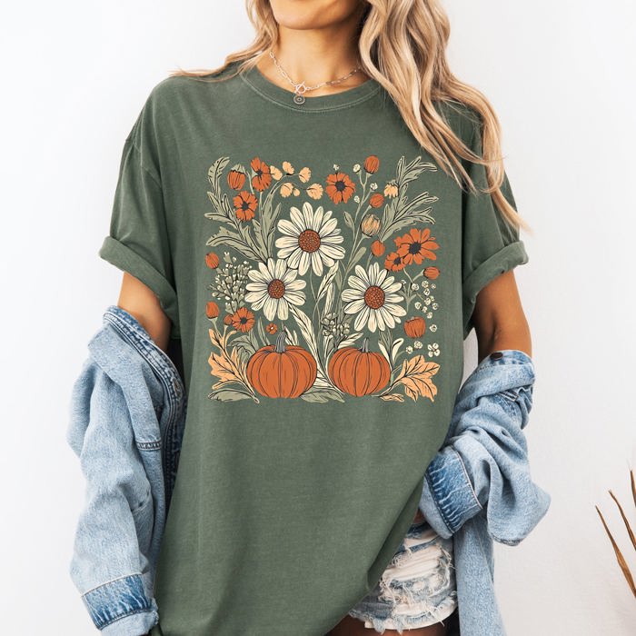 Autumn Botanical Floral Pressed Flowers Pumpkins Thanksgiving Harvest Comfort Colors Tee