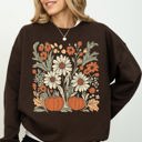 XXL Dark Chocolate Autumn Botanical Floral Pressed Flowers Pumpkins Thanksgiving Season Cozy Sweatshirt