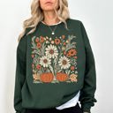 Large Forest Green Autumn Botanical Floral Pressed Flowers Pumpkins Thanksgiving Season Cozy Sweatshirt