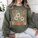 Medium Military Green Autumn Botanical Floral Pressed Flowers Pumpkins Thanksgiving Season Cozy Sweatshirt