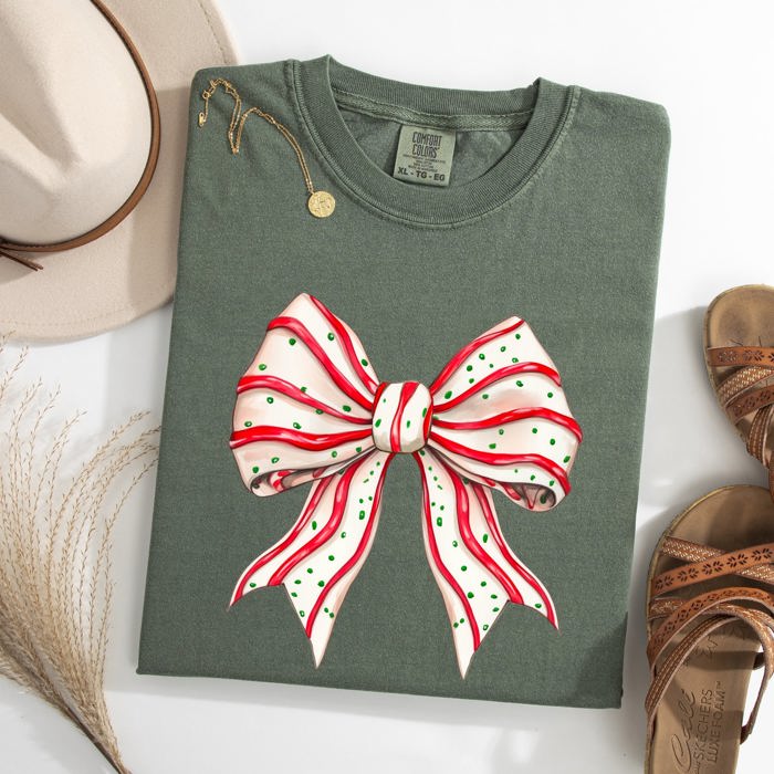 Christmas Cake Bow Ribbon Coquette Winter Santa Snow Holiday Edition Comfort Colors Tee
