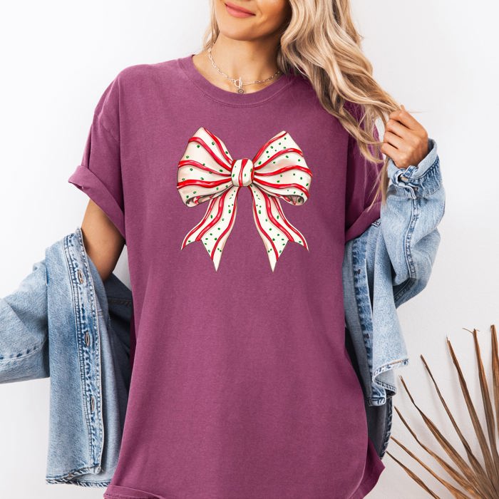Christmas Cake Bow Ribbon Coquette Winter Santa Snow Holiday Edition Comfort Colors Tee