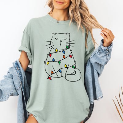Christmas Cat Lights Santa Feline Holiday Cheer For Cat Lovers Comfort Colors Tee