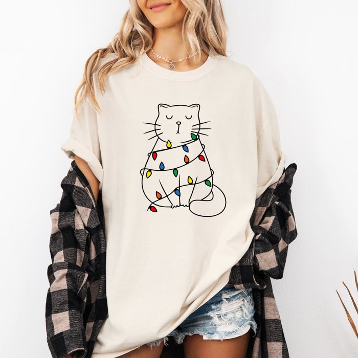 Christmas Cat Lights Santa Feline Holiday Cheer For Cat Lovers Comfort Colors Tee