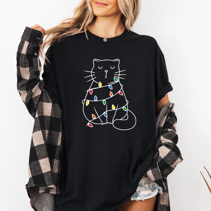Christmas Cat Lights Santa Feline Holiday Cheer For Cat Lovers Comfort Colors Tee
