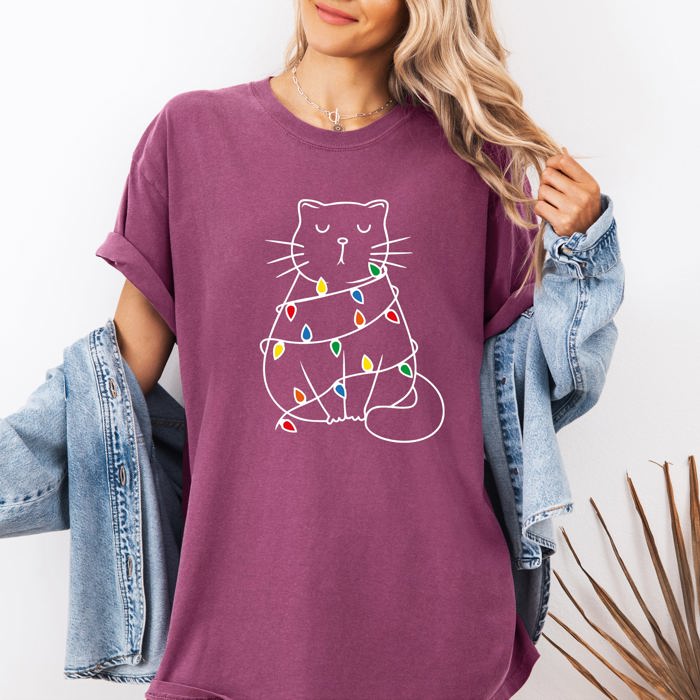 Christmas Cat Lights Santa Feline Holiday Cheer For Cat Lovers Comfort Colors Tee