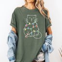 Large Moss Dark Green Christmas Cat Lights Santa Feline Holiday Cheer For Cat Lovers Comfort Colors Tee