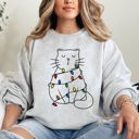 XL Ash Light Gray Christmas Cat Lights Santa Feline Cat Lover Festive Holiday Cozy Warm Winter Nights Sweatshirt