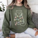 XL Military Green Christmas Cat Lights Santa Feline Cat Lover Festive Holiday Cozy Warm Winter Nights Sweatshirt