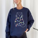 XL Navy Christmas Cat Lights Santa Feline Cat Lover Festive Holiday Cozy Warm Winter Nights Sweatshirt