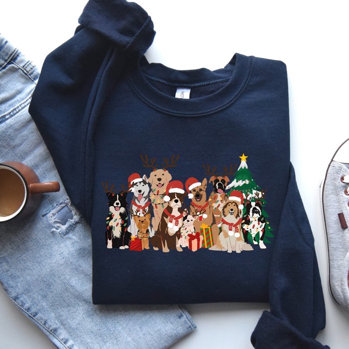Christmas Dogs Antlers Reindeer Santa Claus Dog Lover Holiday Scene Festive Sweatshirt