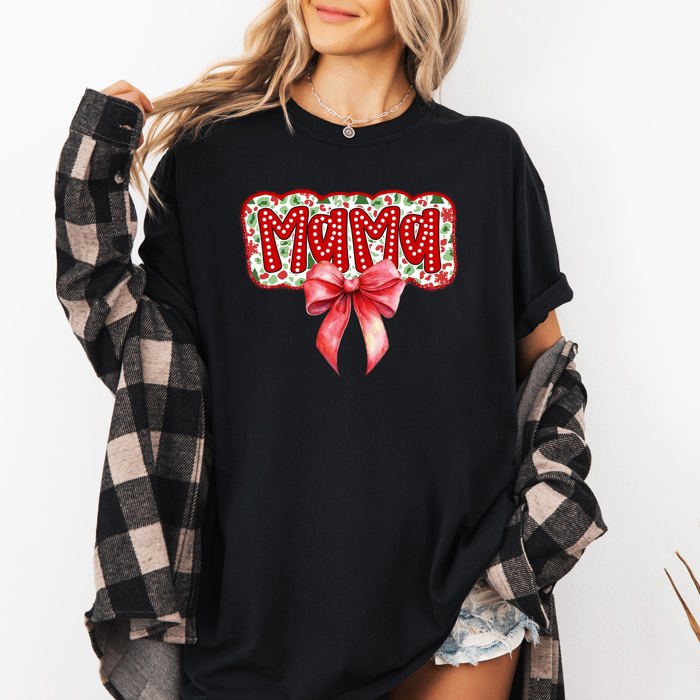 Christmas Mama Ribbon Bows Santa Classic Retro Tshirt Graphic Comfort Colors Tee