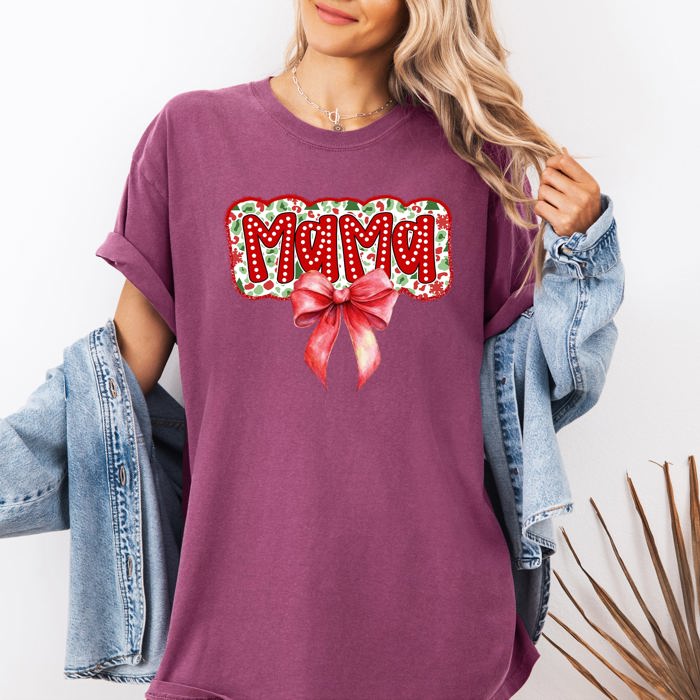 Christmas Mama Ribbon Bows Santa Classic Retro Tshirt Graphic Comfort Colors Tee