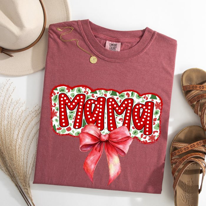 Christmas Mama Ribbon Bows Santa Classic Retro Tshirt Graphic Comfort Colors Tee