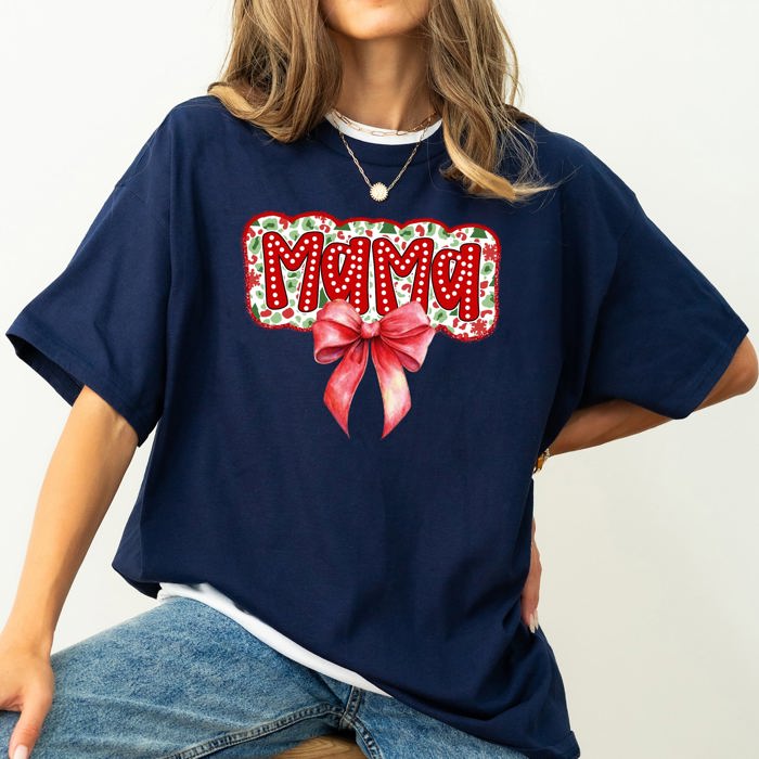 Christmas Mama Ribbon Bows Santa Classic Retro Tshirt Graphic Comfort Colors Tee