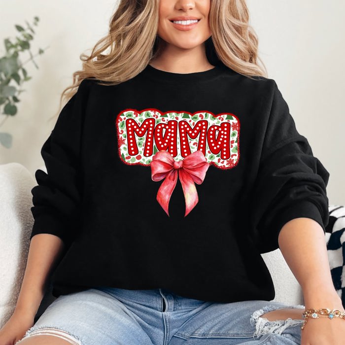 Christmas Mama Ribbon Bows Classic Retro Santa Holiday Cheer Cozy Christmas Sweatshirt