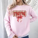 Small Light Pink Christmas Mama Ribbon Bows Classic Retro Santa Holiday Cheer Cozy Christmas Sweatshirt