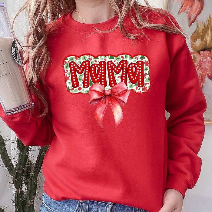 Christmas Mama Ribbon Bows Classic Retro Santa Holiday Cheer Cozy Christmas Sweatshirt