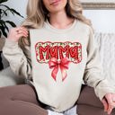 Large Sand Christmas Mama Ribbon Bows Classic Retro Santa Holiday Cheer Cozy Christmas Sweatshirt