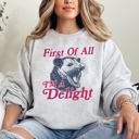 XL Ash Light Gray First Of All I'm A Delight Possum Sarcastic Quote Graphic Cozy Warm Bold Statement Sweatshirt