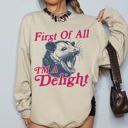 XL Sand First Of All I'm A Delight Possum Sarcastic Quote Graphic Cozy Warm Bold Statement Sweatshirt