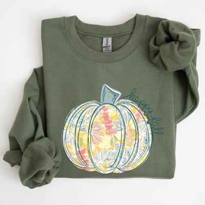 Floral Pumpkin Happy Fall Pastels Flowers Autumn Seasonal Thanksgiving Cozy Sweatshirt