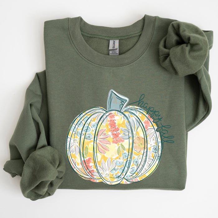 Floral Pumpkin Happy Fall Pastels Flowers Autumn Seasonal Thanksgiving Cozy Sweatshirt