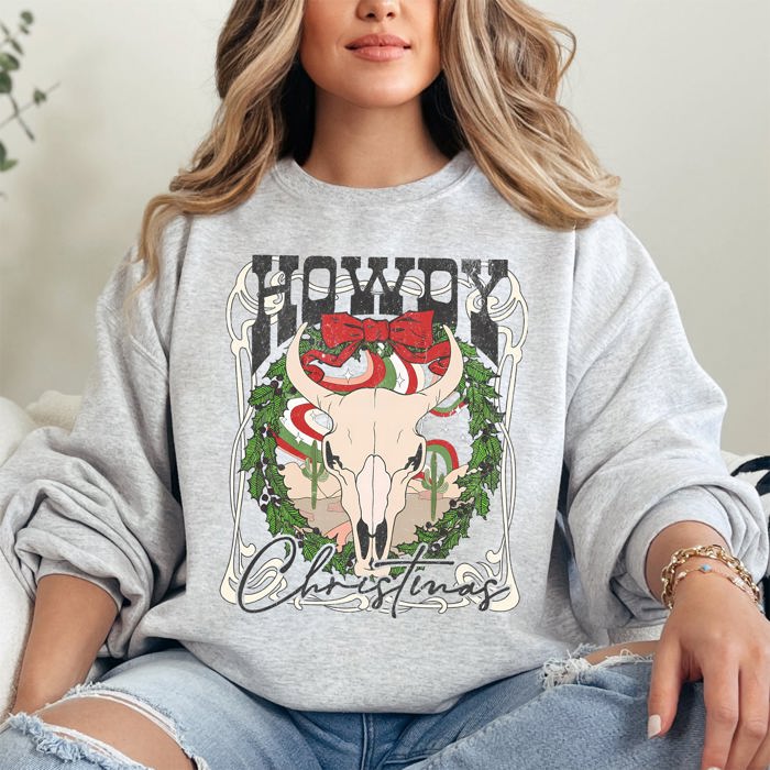 Howdy Christmas Skull Western Cowboy Festive Holiday Edition Graphic Cozy Sweatshirt