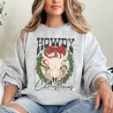 Small Ash Light Gray Howdy Christmas Skull Western Cowboy Festive Holiday Edition Graphic Cozy Sweatshirt