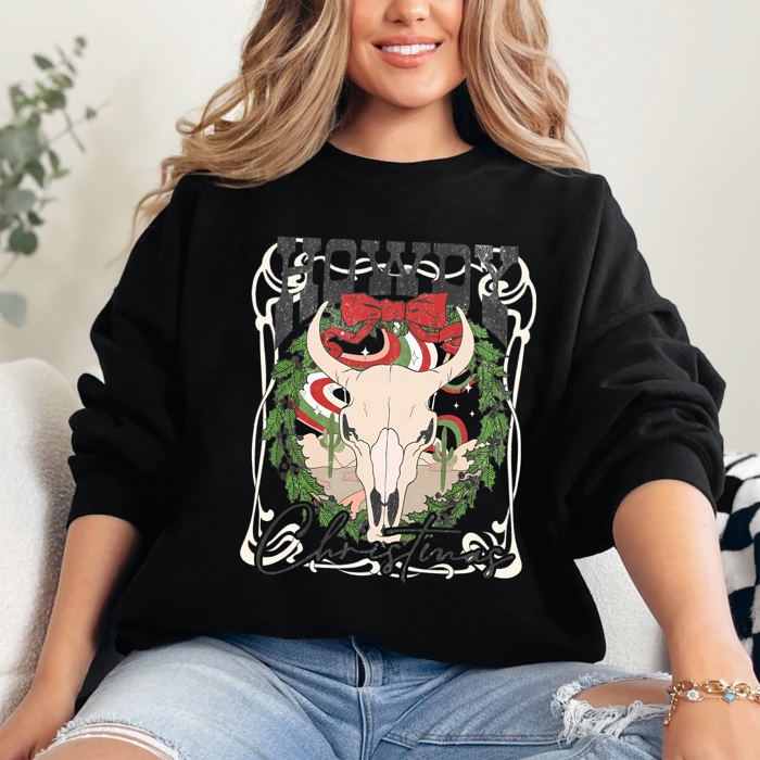 Howdy Christmas Skull Western Cowboy Festive Holiday Edition Graphic Cozy Sweatshirt