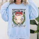 Large Light Blue Howdy Christmas Skull Western Cowboy Festive Holiday Edition Graphic Cozy Sweatshirt