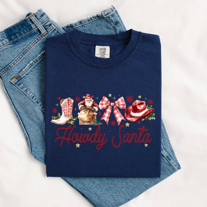Howdy Santa Retro Country Western Ribbon Bows Christmas Xmas Vintage Holiday Cheer Comfort Colors Tee