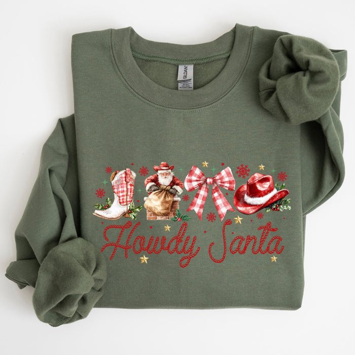 Howdy Santa Retro Country Western Cowboy Ribbon Bows Christmas Xmas Graphic Sweatshirt