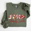 Small Military Green Howdy Santa Retro Country Western Cowboy Ribbon Bows Christmas Xmas Graphic Sweatshirt