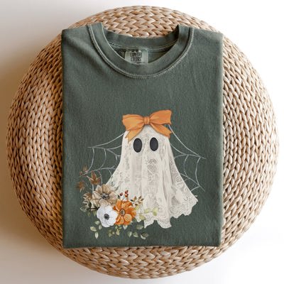 Lace Ghost Halloween Girly Spooky Coquette Orange Bow Ribbon Flowers Spider Web Comfort Colors Tee