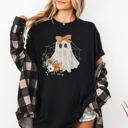 Medium Black Lace Ghost Halloween Girly Spooky Coquette Orange Bow Ribbon Flowers Spider Web Comfort Colors Tee